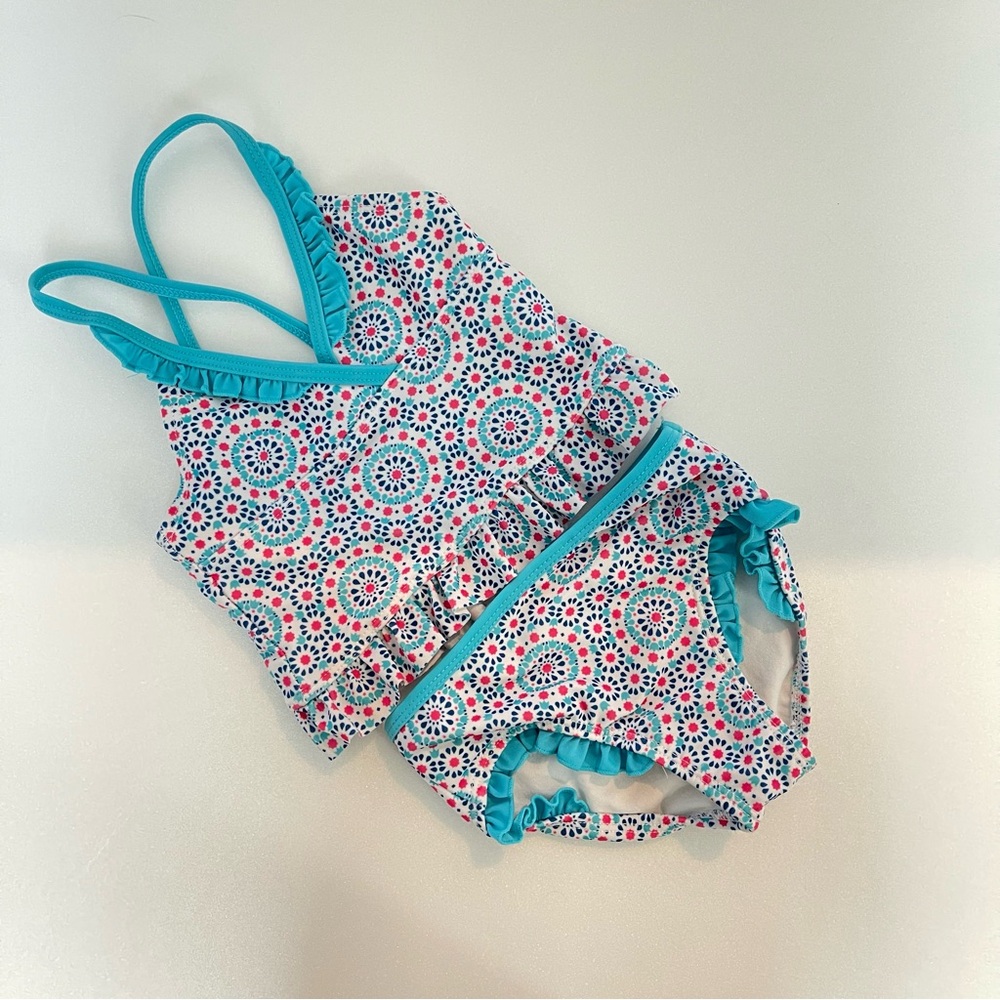 Kids Toddler Girls size 2T Blue & Pink Dot Patterned Ruffle 2-piece Swimsuit